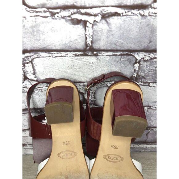 TOD'S Burgundy Patent Leather White Open Toe Heel Strap Sandals Women 35.5EU/5US - Picture 13 of 16